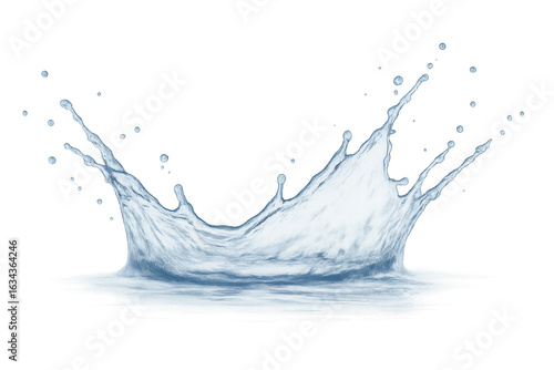Realistic water splash with droplets forming crown shape on transparent background