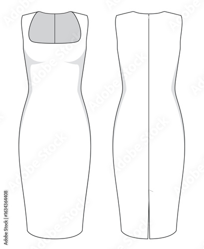 Vector fashion technical drawing of a square neck body fit dress with front and back view. Midi length. Hidden zipper. Back split at center back. Spandex fabric.