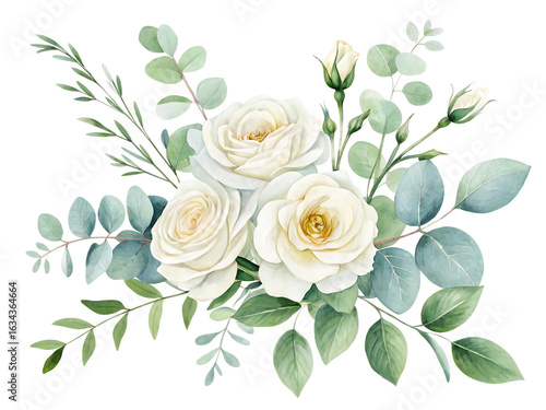 Elegant white roses and delicate greenery watercolor illustration for wedding invitation or botanical decoration with a transparent background