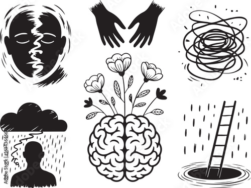 Brain growth with flowers, mental health concepts, and life challenges