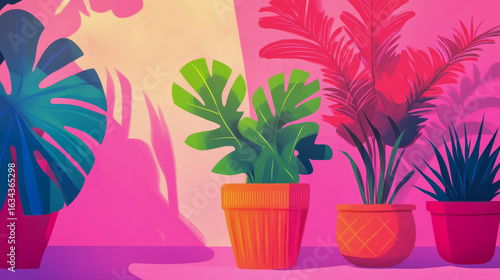 Vibrant and stylized illustration of indoor tropical plant collection, featuring various potted plants with green, teal, and red foliage, casting dynamic shadows on vivid pink and fuchsia wall