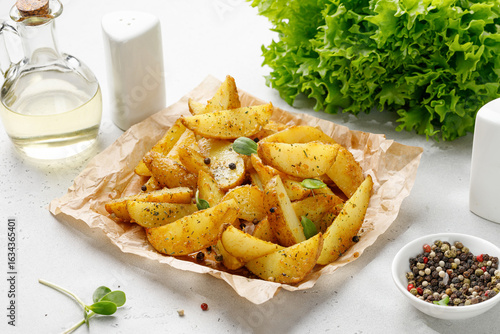 Baked potato wedges on craft paper. Roasted potatoes with herbs, spices and greens. Dinner idea.