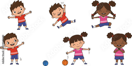 Diverse cartoon children engaged in various physical activities and sports on a white background kids