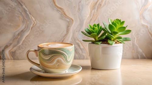 Wallpaper Mural A beautifully presented cup of latte with art, next to a vibrant green succulent plant in a white pot, on a marble table with a patterned background Torontodigital.ca