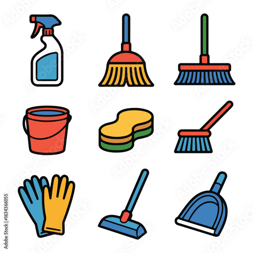 Vector art of collection of cleaning supplies including spray bottle, brooms, bucket, sponge, mop, gloves, and dustpan isolated on white background