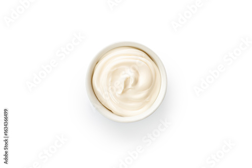 Mayonnaise, mayo, white cream sauce in a white little bowl, gravy boat isolated on white background with clipping path, cut out.
