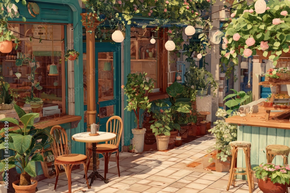 Fototapeta premium Summer cafe outdoors plants chairs.