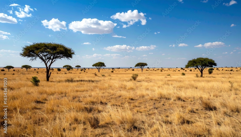 Obraz premium African Savanna with Golden Grass and Scattered Trees Under Bright Blue Sky