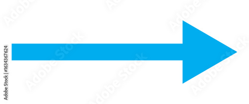 Blue long arrow pointing to the right. Straight long arrow icon, right thin line, blue cursor, horizontal element, thick pointer vector long arrow icon isolated on white background.