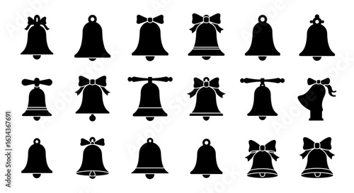 Variety of Black Silhouette Christmas Bells with Bows and Handles on White Background