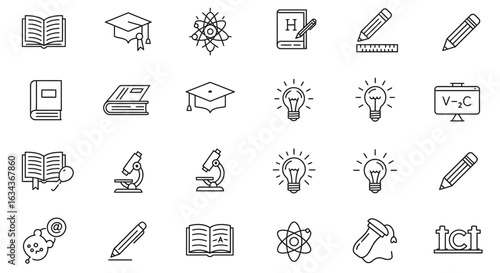 Collection of education and science icons representing learning and discovery