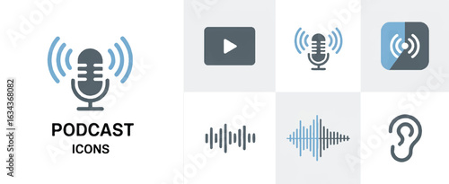 A set of modern podcast and audio-related icons arranged in a grid format against a white background.
