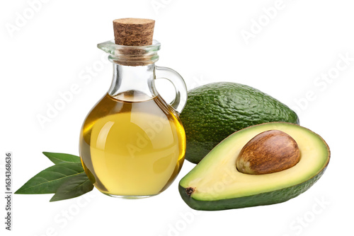 Avocado oil in glass bottle with fresh avocado on transparent png background