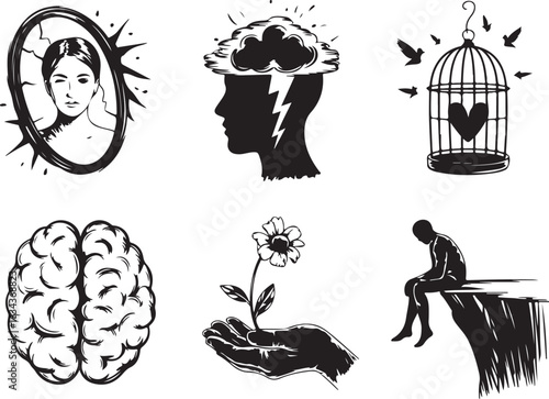 Emotions concept icons, mental health, growth, freedom, despair