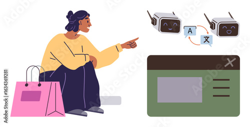 Woman points at AI translation robots displaying language exchange process, with online shopping bag and interface. Ideal for e-commerce, AI translation, online shopping, user interface, technology