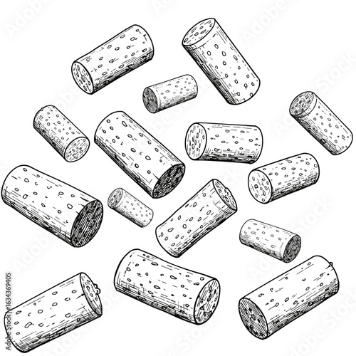 Wine corks floating in air – vintage ink sketch doodle black and white vector illustration on white background, engraving woodcut style