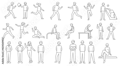 Various line art illustrations of people in different poses and activities showcasing human diversity