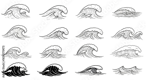Vector set of hand drawn sea waves, depicting different sizes and shapes