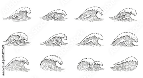 Detailed Black and White Wave Illustrations: A Variety of Ocean Wave Depictions
