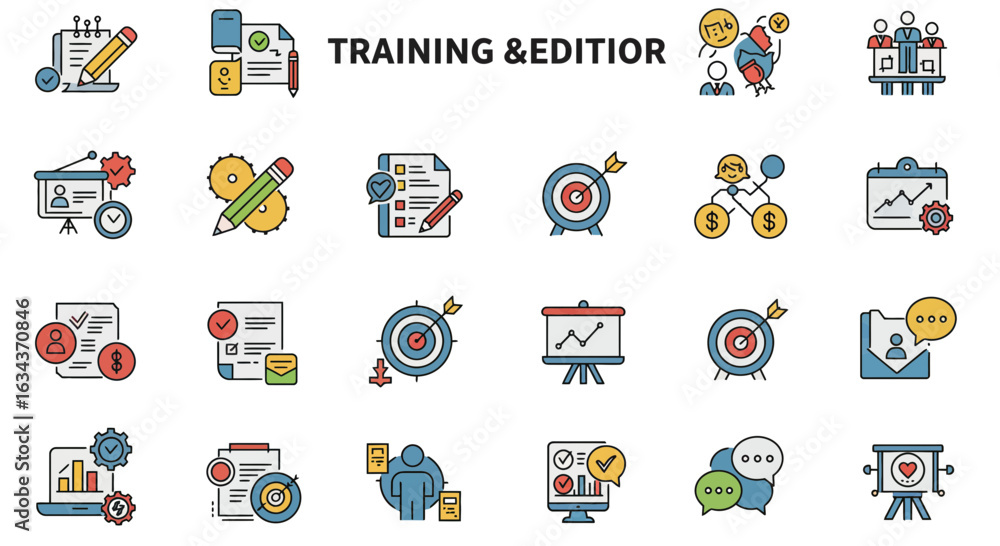 Fototapeta premium Collection of colorful flat vector icons representing business training and education concepts
