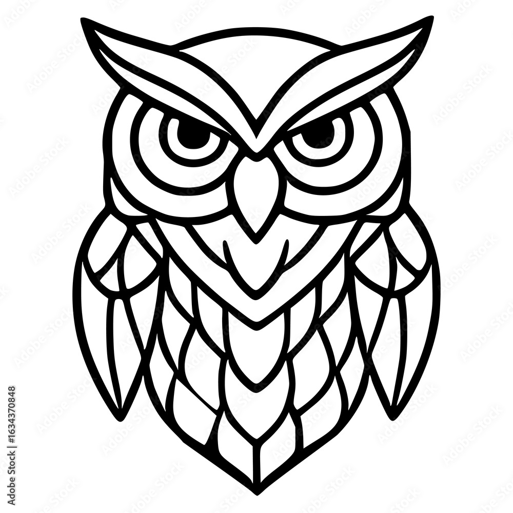 Obraz premium A vector illustration of an owls head, stylized with a geometric, stainedglasslike pattern, featuring bold black lines against a white background, creating a striking and modern design.