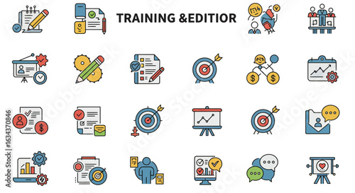 Collection of colorful flat vector icons representing business training and education concepts