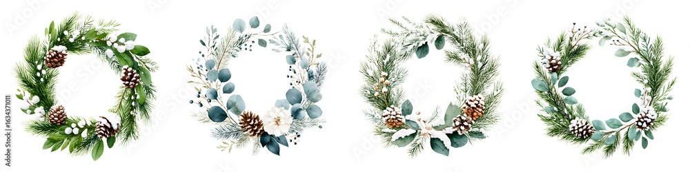 Fototapeta premium Winter Floral Wreaths: Watercolor Greenery and Pinecone Collection