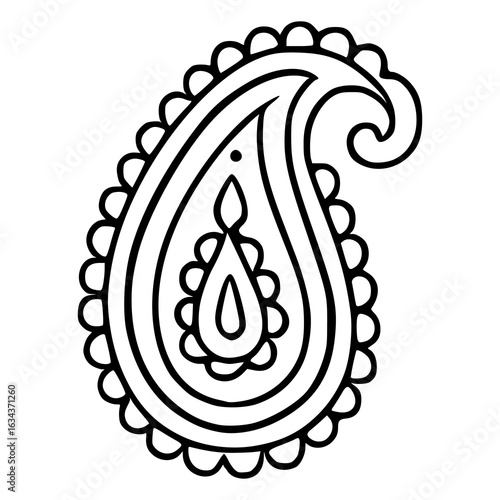 Elegant vector paisley design element with intricate details, featuring a unique teardrop shape and decorative border, ideal for textile prints, fashion, and branding.