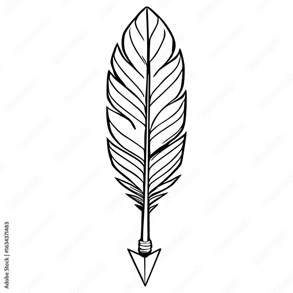 Fototapeta premium A stylish vector illustration of a single feather with an arrowhead, featuring detailed line art and a minimalist blackandwhite aesthetic, perfect for design projects needing a touch of Native Am...