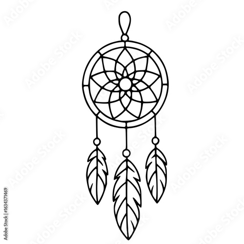 A vector illustration of a dreamcatcher with three feathers, featuring a detailed circular design and a simple, elegant style.