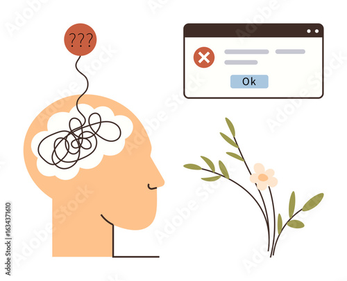 Human silhouette with tangled thoughts and question marks, error message window with Ok button, flowers and leaves. Ideal for mental health, problem-solving, mindfulness, confusion, stress
