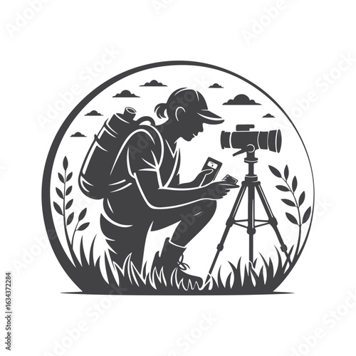 Photographer with camera and backpack in nature tripod