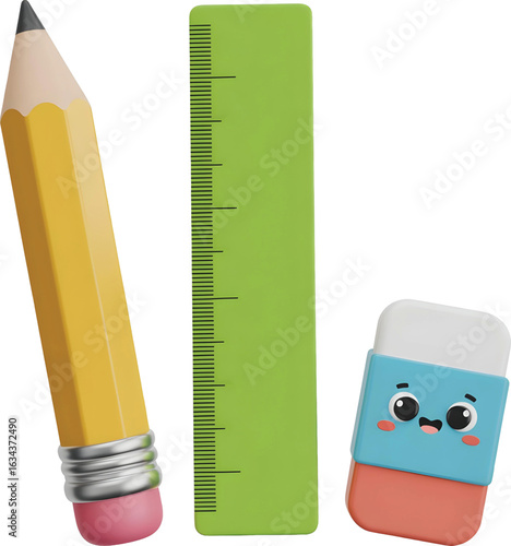 A set of 3D school supplies pencil, ruler, eraser cartoon style.