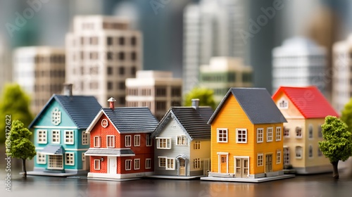 Wallpaper Mural Colorful Miniature Houses in a Row Against a Blurry Cityscape Torontodigital.ca