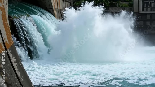 Powerful dam releasing rushing water with dynamic splash for energy production and flood control use