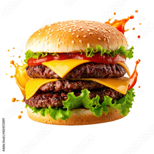 Floating Burger Layers with Plain Bun, Double Beef, Melting Cheese, Mustard and Tomat