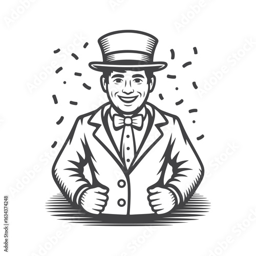 Smiling man in top hat and tuxedo with confetti bowtie