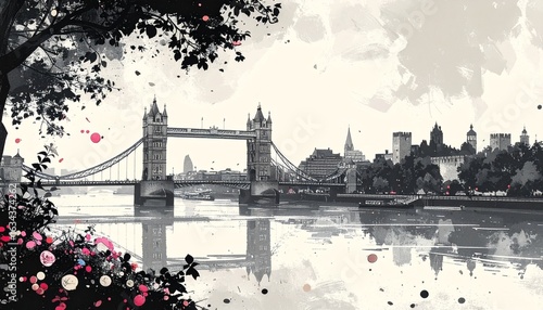 Wallpaper Mural Artistic Illustration of Tower Bridge with Floral Accents Torontodigital.ca
