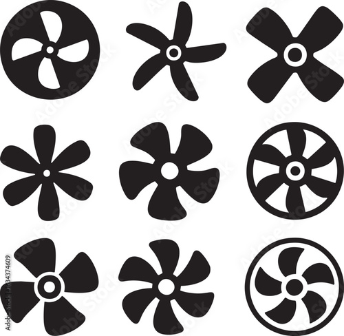 A versatile collection of nine distinct black and white fan and propeller icons, ideal for ventilation, cooling, and airflow concepts in graphic design.