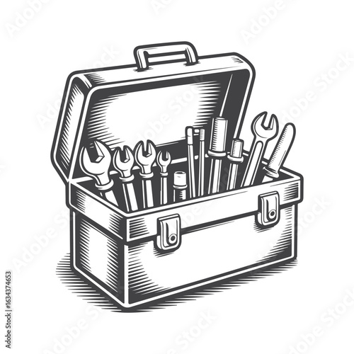 Open toolbox filled with wrenches and tools spanners socket set