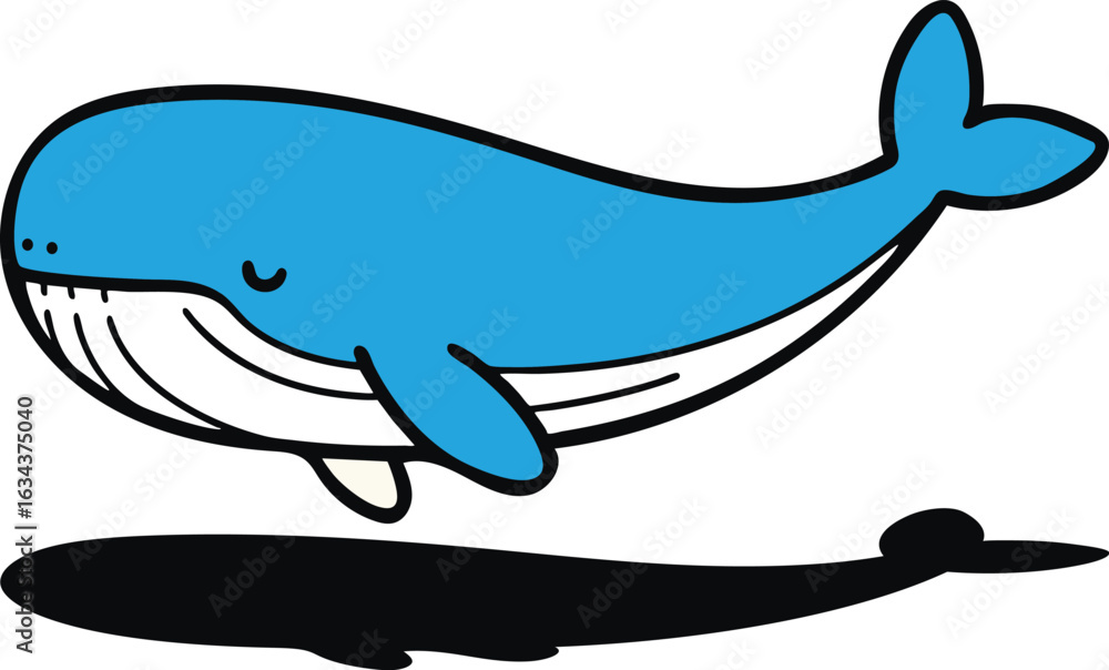 Obraz premium Cute blue cartoon whale vector illustration with a friendly smile, perfect for children's designs, ocean themes, and playful animal graphics.
