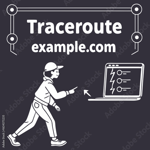 Person Pointing at Laptop Showing Traceroute Diagram