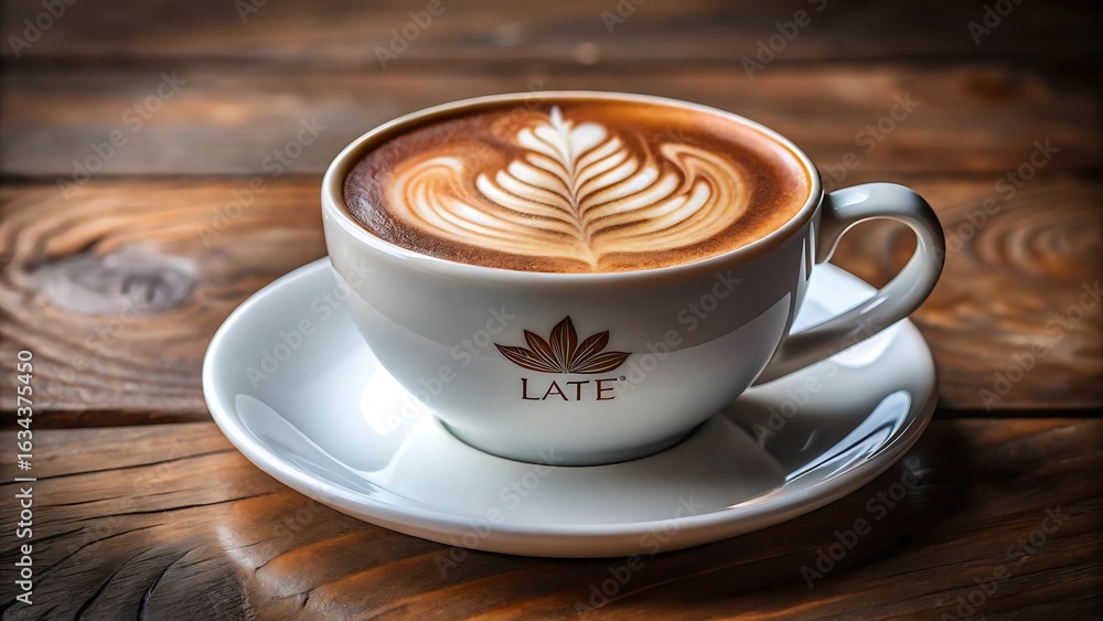Fototapeta premium A delicious latte with intricate foam art in a white cup on a saucer