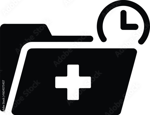 Black medical folder icon with a plus sign and a clock indicating urgent healthcare record