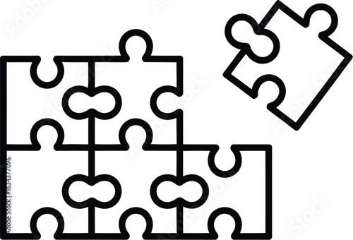 Simple outline icon of interlocking puzzle pieces forming a connected group with one piece separate