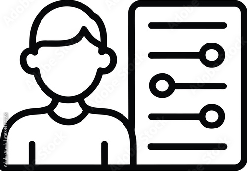 Simple line icon of a person standing next to a control panel with sliders