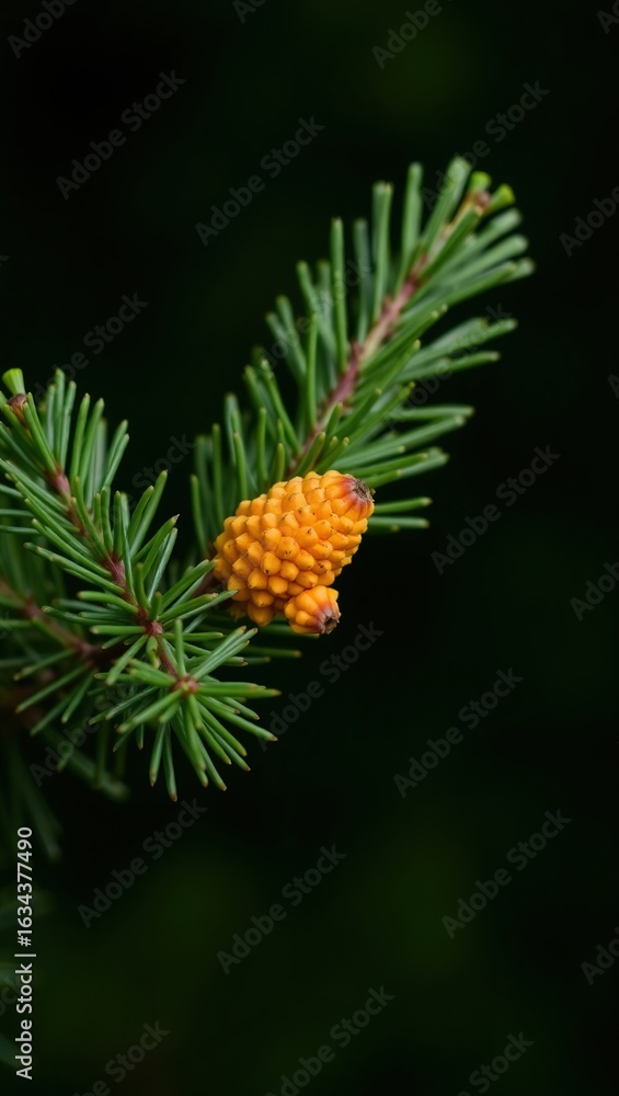 Close-up of pine branch with lush green needles and bright orange new growth against dark green blurred background, soft light, detailed and natural.
Close-up of pine branch with lush green needles and bright orange new growth against dark green blurred background, soft light, detailed and natural.