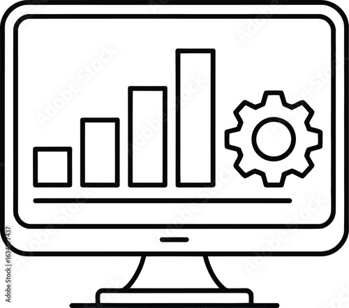 Computer monitor displaying a rising bar graph and a gear icon representing data analysis