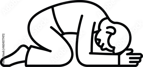 Stylized line art illustration of a person kneeling in prayer or despair