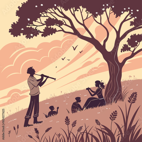 Silhouette of Musicians Playing at Sunset on a Hill